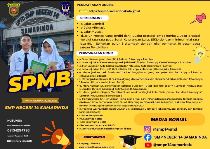 Foto SPMB 2026/2027 Resmi Dibuka, SMP Negeri 14 Samarinda Siap Menerima Peserta Didik Baru
